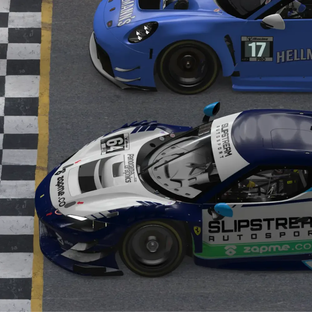Slipstream Autosport liveried cars racing closely in an iRacing event