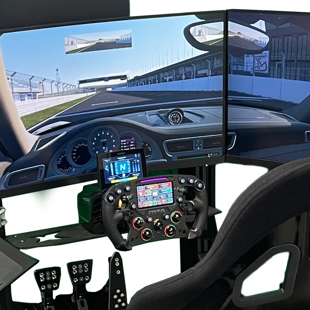 Triple screen racing simulator rig with a direct drive wheel and pedals