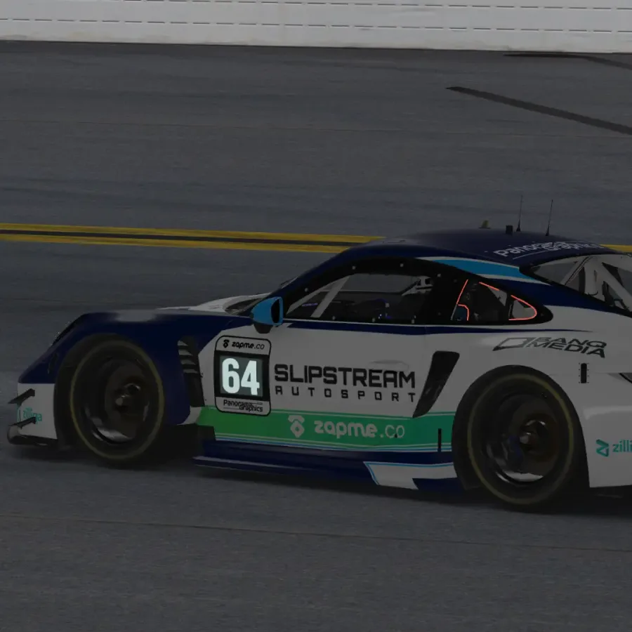 Slipstream Autosport sim car on track during an endurance event