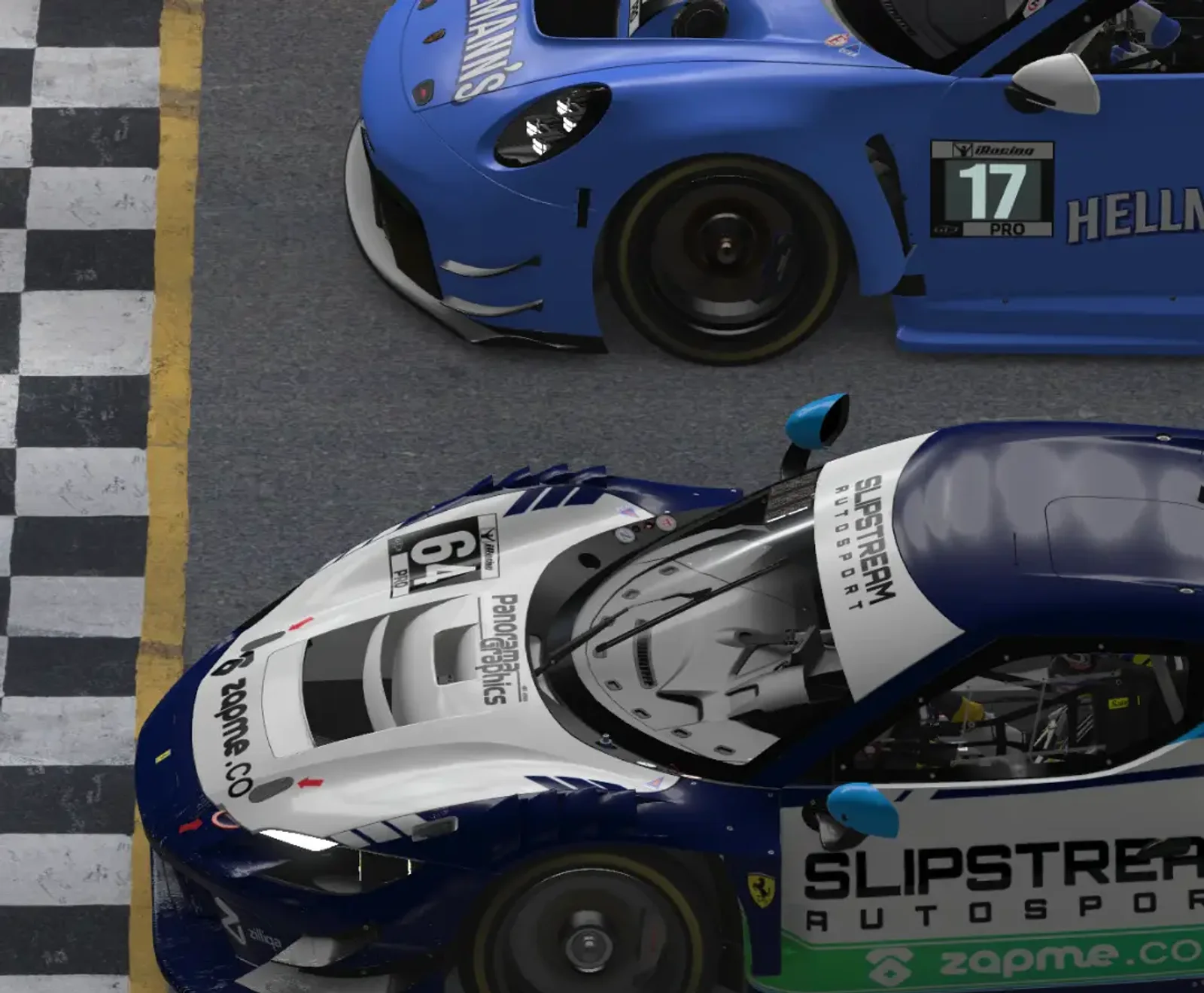 Slipstream Autosport liveried cars racing closely in an iRacing endurance event